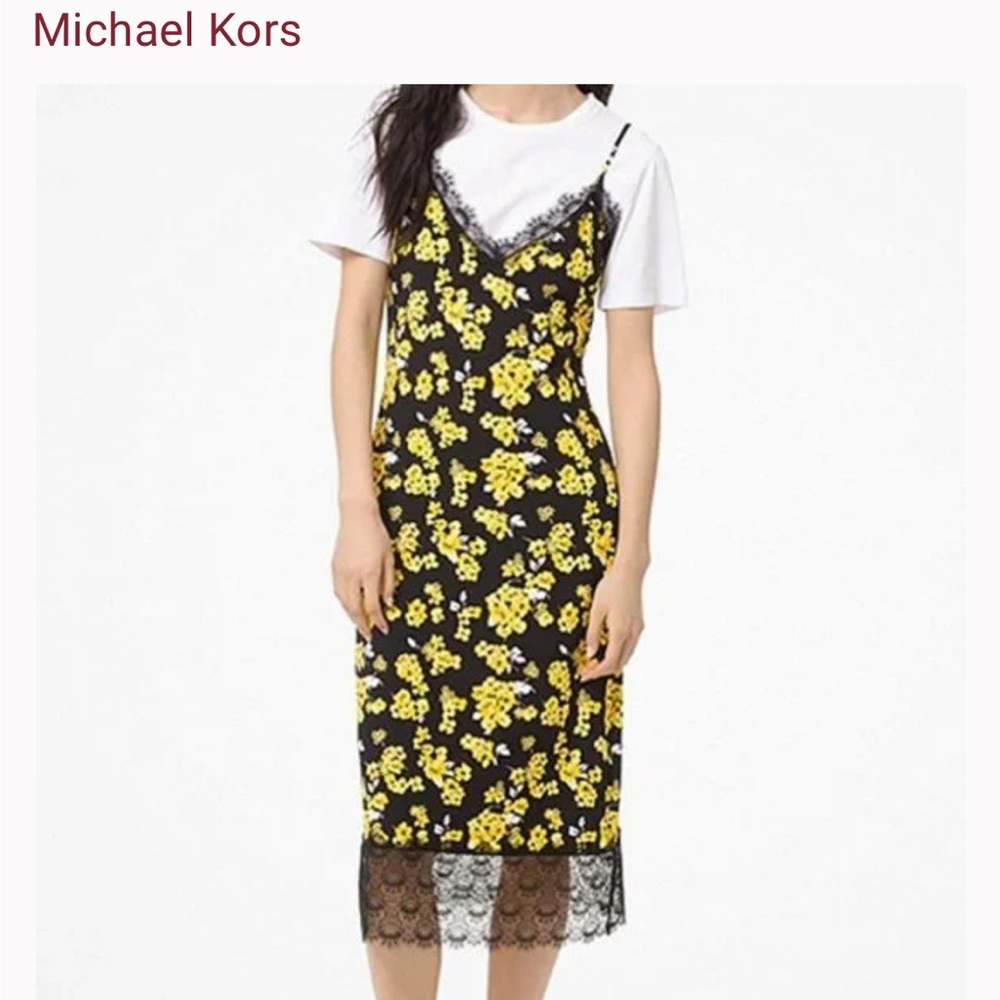 Michael Kors black & yellow Floral jersey slip dress (S)